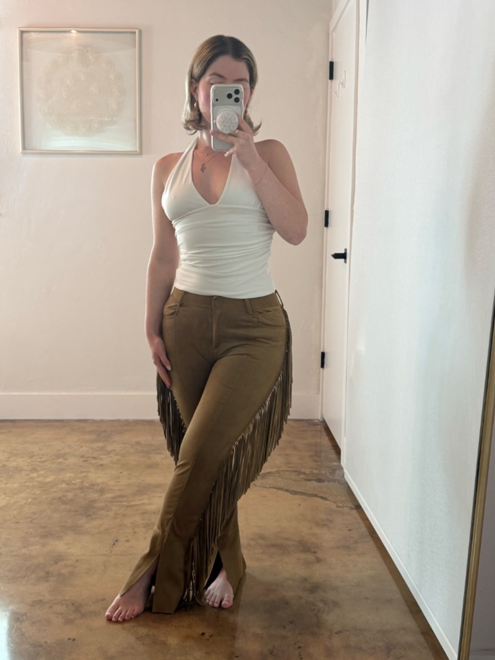 Norma Kamali Camel Fringe Spat Jeans Size Small